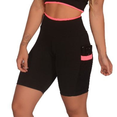 Kit 3 Short Feminino Fitness Academia com Bolso de Tela Porta Celular