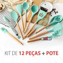 Kit C/12  Jogo de Cozinha Peças de Silicone, Utensílios e Copo Suporte para Cozinha Cabo de Madeira Premium