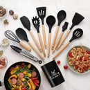 Kit C/12  Jogo de Cozinha Peças de Silicone, Utensílios e Copo Suporte para Cozinha Cabo de Madeira Premium