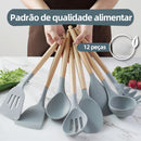 Kit C/12  Jogo de Cozinha Peças de Silicone, Utensílios e Copo Suporte para Cozinha Cabo de Madeira Premium
