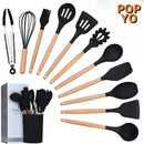 Kit C/12  Jogo de Cozinha Peças de Silicone, Utensílios e Copo Suporte para Cozinha Cabo de Madeira Premium